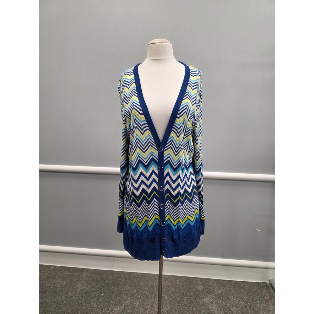 Lane Bryant Chevron Zig Zag Cardigan Sweater Blue Green V-Neck Size 18/20